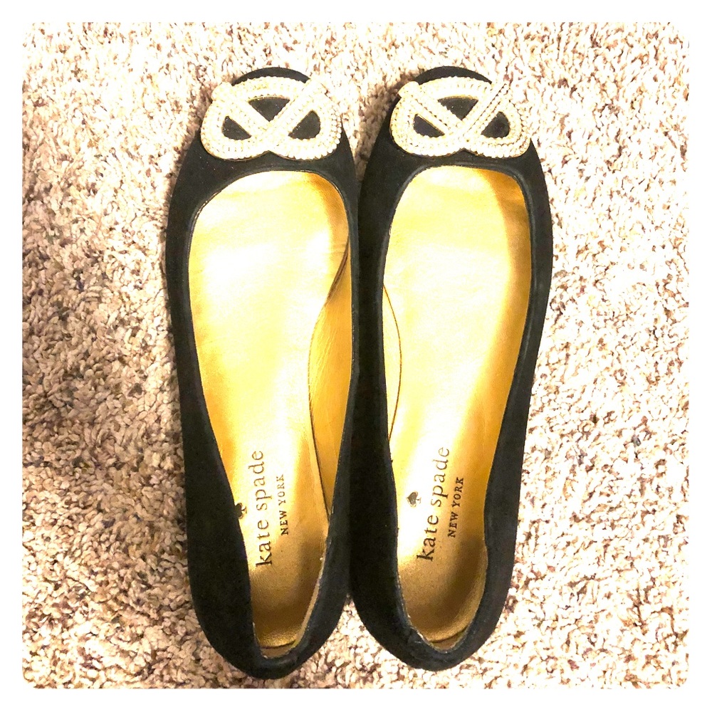 Kate Spade black suede flats with gold pretzel
